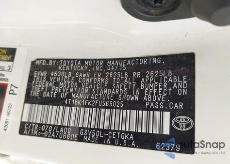 2015 Toyota Camry Xle V6 из США, поврежденный, VIN 4T1BK1FK2FU565025